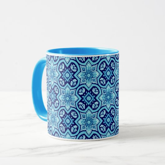 Vintages blaues geometrisches Muster Tasse (Vorderseite Links)