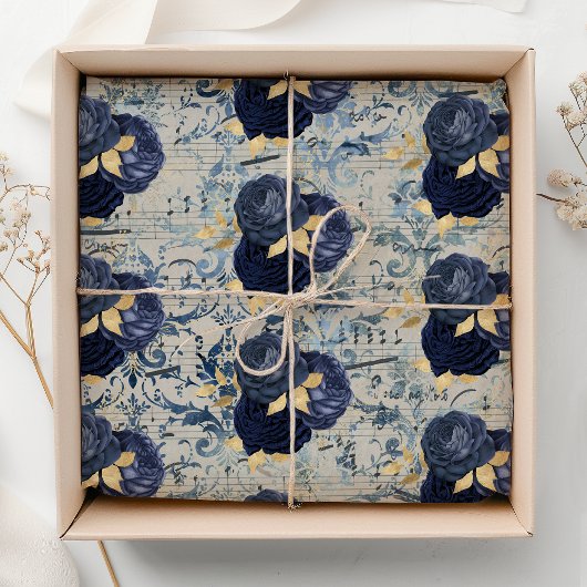 Vintages blaues goldfarbenes Damaskatmuster Seidenpapier
