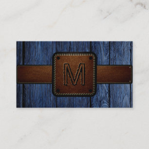 Vintages blaues Holzbraun-Leder-Look Monogramm Visitenkarte