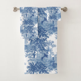 Vintages blaues Landschaftstoil mit Urnen und Spal Badhandtuch Set