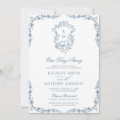 Vintages blaues Monogramm eines Tages Einladung (Vorderseite)