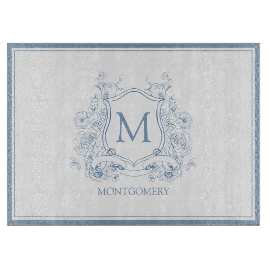 Vintages blaues Monogramm-Wappen Schneidebrett (Vorderseite)