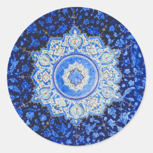 Vintages blaues Muster mit Blumenmandala Runder Aufkleber
