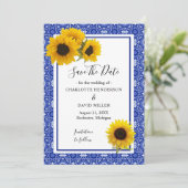 Vintages blaues Muster Sonnenblume Save the Date (Stehend Vorderseite)