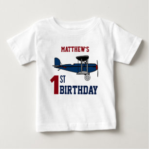Vintages blaues Retro-Flugzeug 1. Geburtstag Party Baby T-shirt