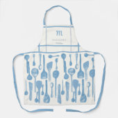 Vintages blaues Retro-Küchenlöffel Monogram-Gesche Schürze (Vorderseite)