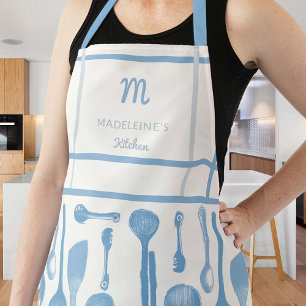Vintages blaues Retro-Küchenlöffel Monogram-Gesche Schürze