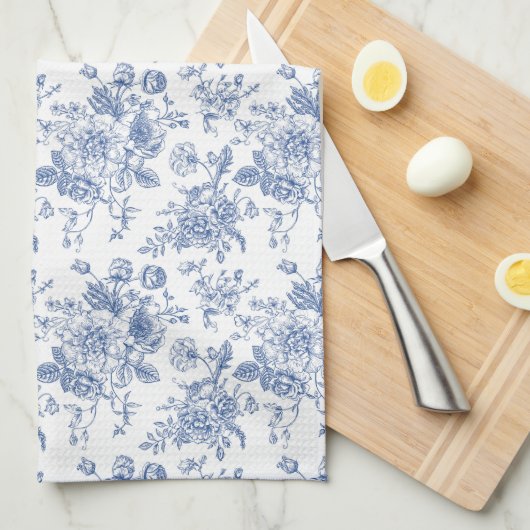 Vintages blaues Rose Blumenmuster Geschirrtuch (Viertel Falte)