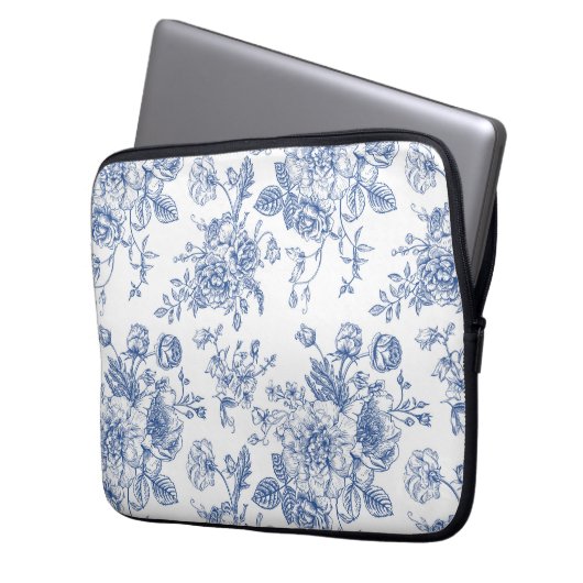 Vintages blaues Rose Blumenmuster Laptopschutzhülle (Vorderseite Links)