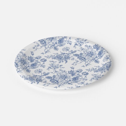 Vintages blaues Rose Blumenmuster Pappteller (Schrägansicht)