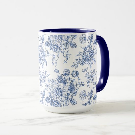 Vintages blaues Rose Blumenmuster Tasse (VorderseiteRechts)