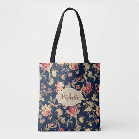 Vintages blaues Rosen-mit Blumenmonogramm u. Name Tasche (Vorderseite)