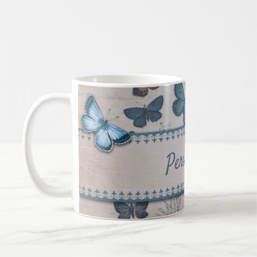 Vintages blaues Schmetterlingsmuster Personalisier Kaffeetasse (Links)