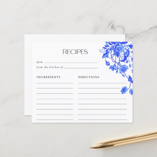 Vintages blaues Toile Floral Brautparty Rezepte (Vorderseite/Rückseite Beispiel)