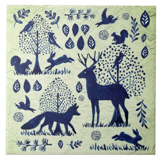 Vintages Blaues und grünes Waldland Fliese (Vorderseite)