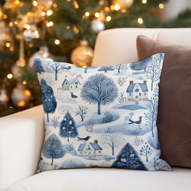 Vintages Blaues Winterdorf Kissen (Decorator pillow with an old vintage winter village covered in snow)