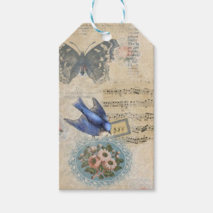 Vintages Blue Floral Bird Collage Scrapbook Geschenkanhänger