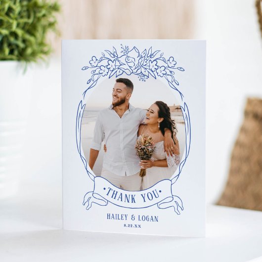 Vintages Blue Floral Elegantes Hochzeitssemble Fot Dankeskarte