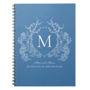 Vintages Blue Floral Wappen Monogram Notebook Notizblock