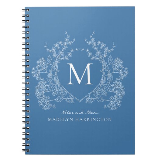 Vintages Blue Floral Wappen Monogram Notebook Notizblock (Vorderseite)