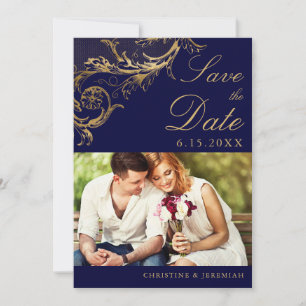 Vintages Blue Gold Floral Damask Foto Hochzeit Save The Date