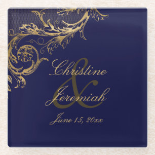 Vintages Blue Gold Floral Damask Script Hochzeit Glasuntersetzer