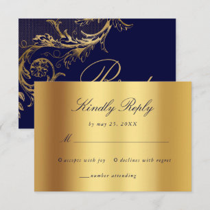 Vintages Blue Gold Floral Damask Script Hochzeit RSVP Karte