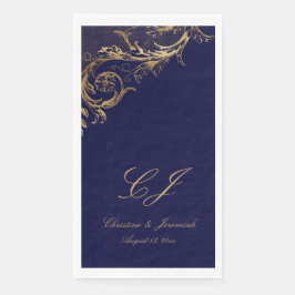 Vintages Blue Gold Floral Damask Script Hochzeit Serviette