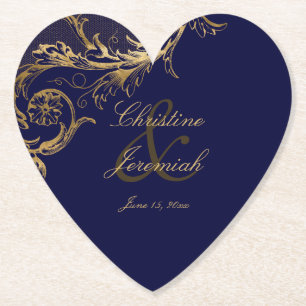 Vintages Blue Gold Floral Damask Script Hochzeit Untersetzer
