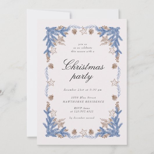 Vintages Blue Golden Party Einladung (Vorderseite)