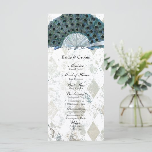 Vintages Blue Peacock Fan Hochzeitsprogramm Programm (Stehend Vorderseite)