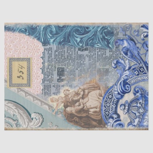 Vintages Blue Shabby Werbefilm Lace Collage Seidenpapier (Vorderseite)