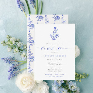 Vintages Blue Teacup und Rose Bridal Tee Einladung