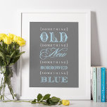 Vintages Blue Wedding Brautparty Poster<br><div class="desc">Elegantes und Vintages "Etwas Altes,  etwas Neues,  etwas Leihes,  etwas Neues" Typografie Zitat Design. Als Begrüßungszeichen bei einem Hochzeitsfest-Brautparty anzeigen. Die Farben sind karkohlegrau,  weiß und blassblau.</div>