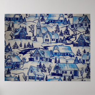 Vintages Blue Weihnachtsdorf Poster