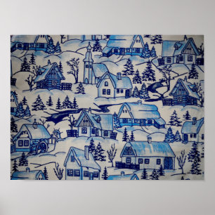 Vintages Blue Weihnachtsdorf Poster