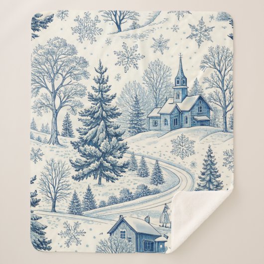 Vintages Blue Winter Village Weihnachtsschneeflock Sherpadecke (Vorderseite)