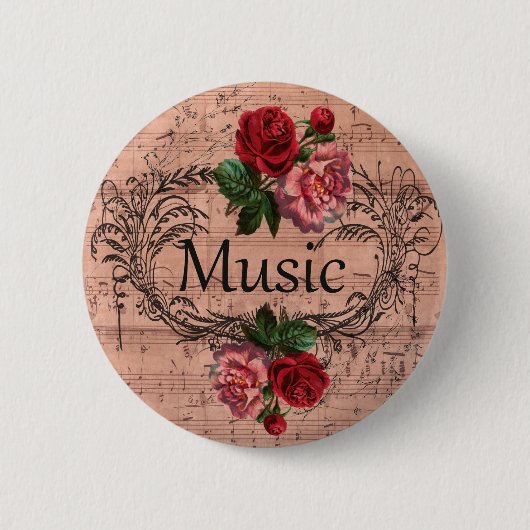 Vintages Blumen für Liebe von Musik Button (Vorderseite)