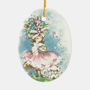 Vintages Blumen-Mädchen Keramikornament