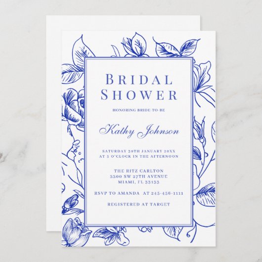 Vintages Blumenblauer Chinoiserie Brautparty Einladung (Vorne/Hinten)