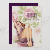 Vintages BlumenButton herauf retro Brautparty des Einladung (Vorne/Hinten)