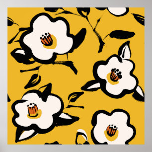 Vintages Blumengelbmuster mit skizzenhafter Hand d Poster