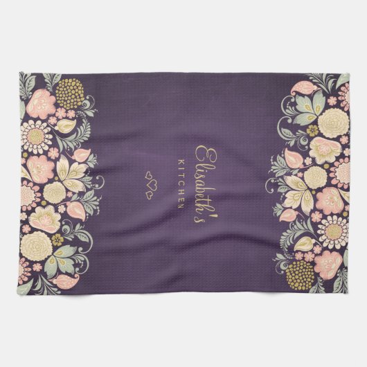 Vintages, blumengeschmücktes lila Pflaumen Geschirrtuch (Horizontal)
