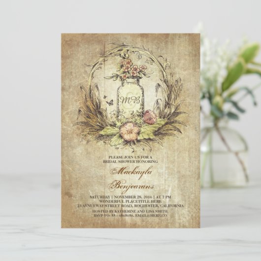 Vintages Blumenglas rustikales Brautparty Einladung (Stehend Vorderseite)
