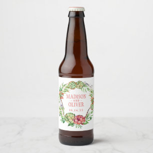 Vintages Blumengrün und rosa Sukkulat   Hochzeit Bierflaschenetikett
