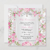 Vintages Blumenkreuz Erste Kommune Rosa 3 Einladung (Vorderseite)