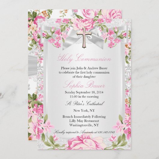 Vintages Blumenkreuz Erste Kommune Rosa 3 Einladung (Vorne/Hinten)