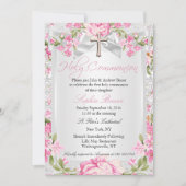 Vintages Blumenkreuz Erste Kommune Rosa Einladung (Vorderseite)