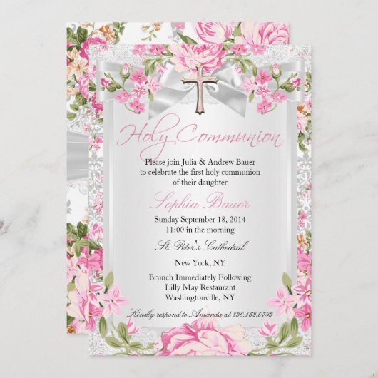 Vintages Blumenkreuz Erste Kommune Rosa Einladung (Vorne/Hinten)