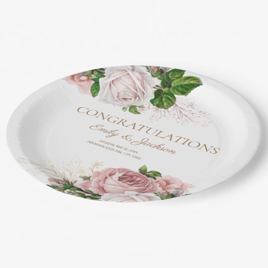 Vintages Blumenkuchen-Brautparty in Rosa Pappteller (Schrägansicht)